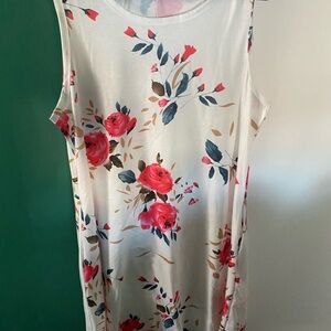 White Floral Sleeveless Midi Dress with Red Rose Print